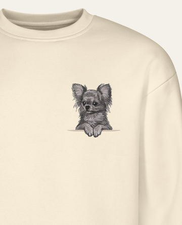 Chihuahua długowłosa (szary) – bluza z haftem, piaskowa (zbliżenie)