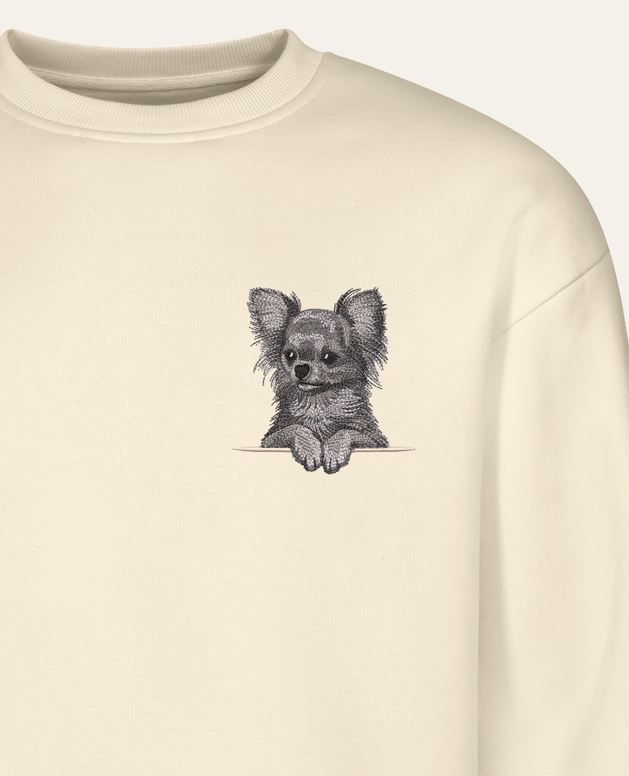 Chihuahua długowłosa (szary) – bluza z haftem, piaskowa (zbliżenie)