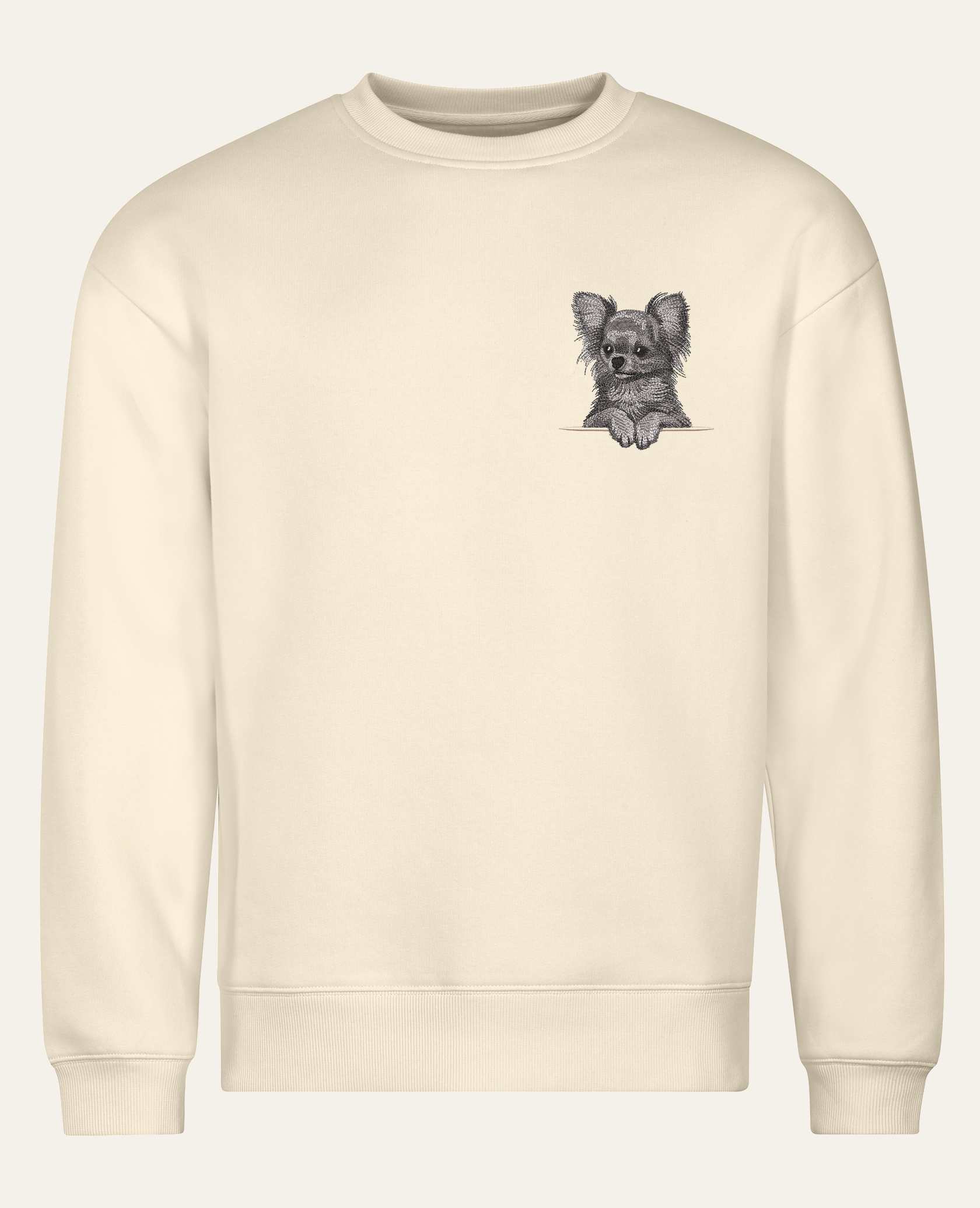 Chihuahua długowłosa (szary) – bluza z haftem, piaskowa (cała sylwetka)
