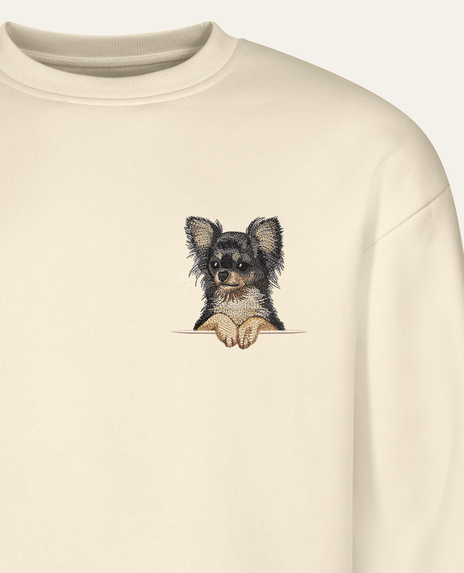 Chihuahua długowłosa (czarny) – bluza z haftem, piaskowa (zbliżenie)