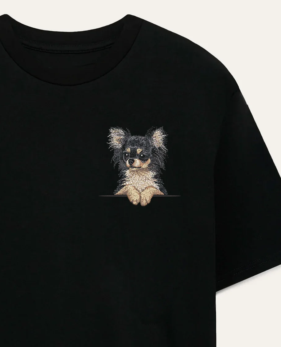 Chihuahua długowłosa (czarny) – koszulka z haftem
