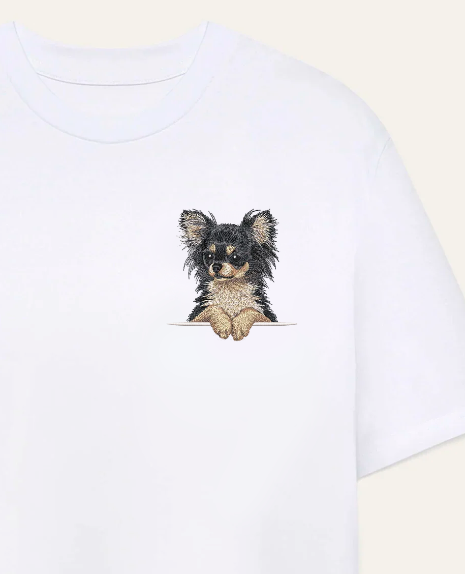 Chihuahua długowłosa (czarny) – koszulka z haftem