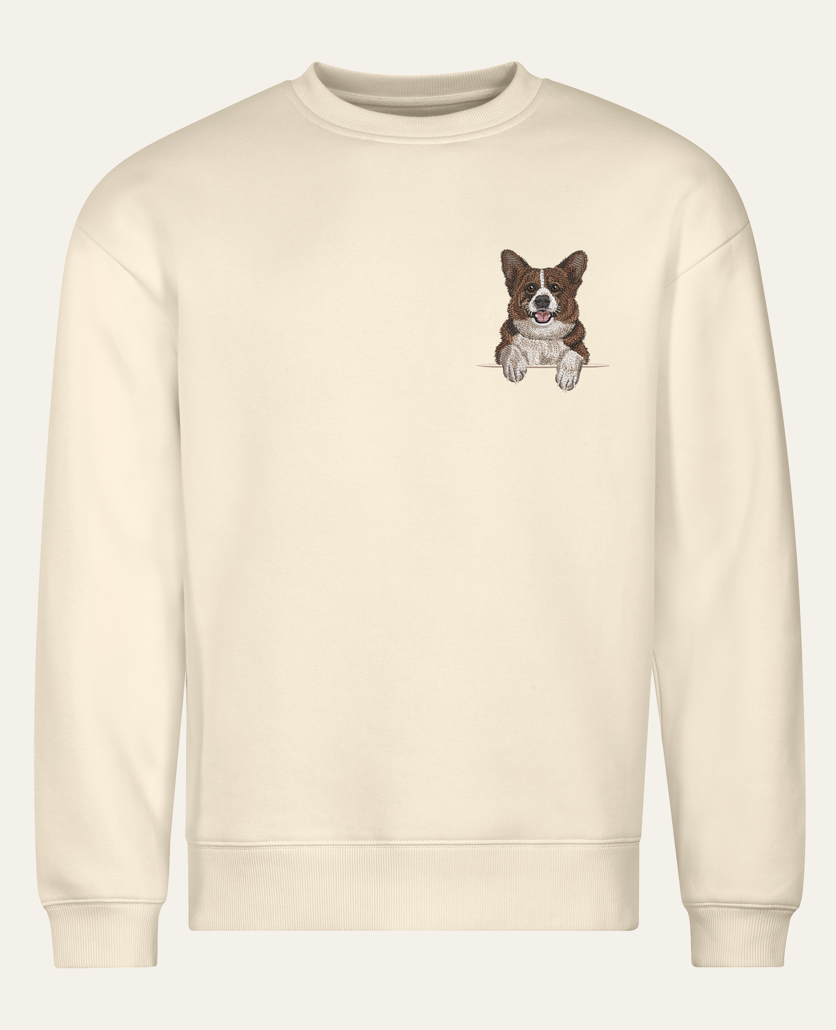 Corgi Cardigan – bluza z haftem, piaskowa (cała sylwetka)
