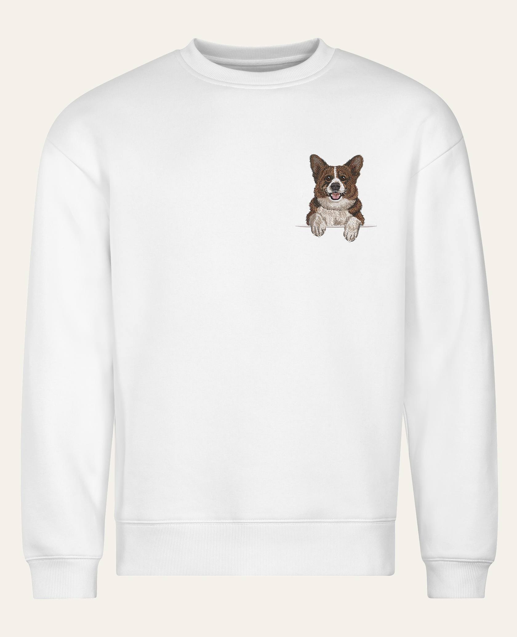 Corgi Cardigan – bluza z haftem, biała (cała sylwetka)