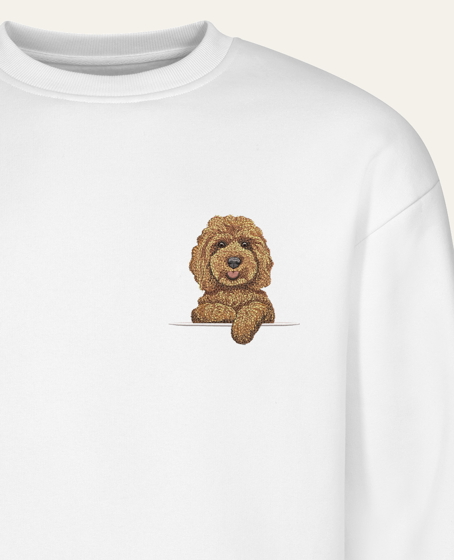Cockapoo (brązowy) – bluza z haftem, biała (zbliżenie)