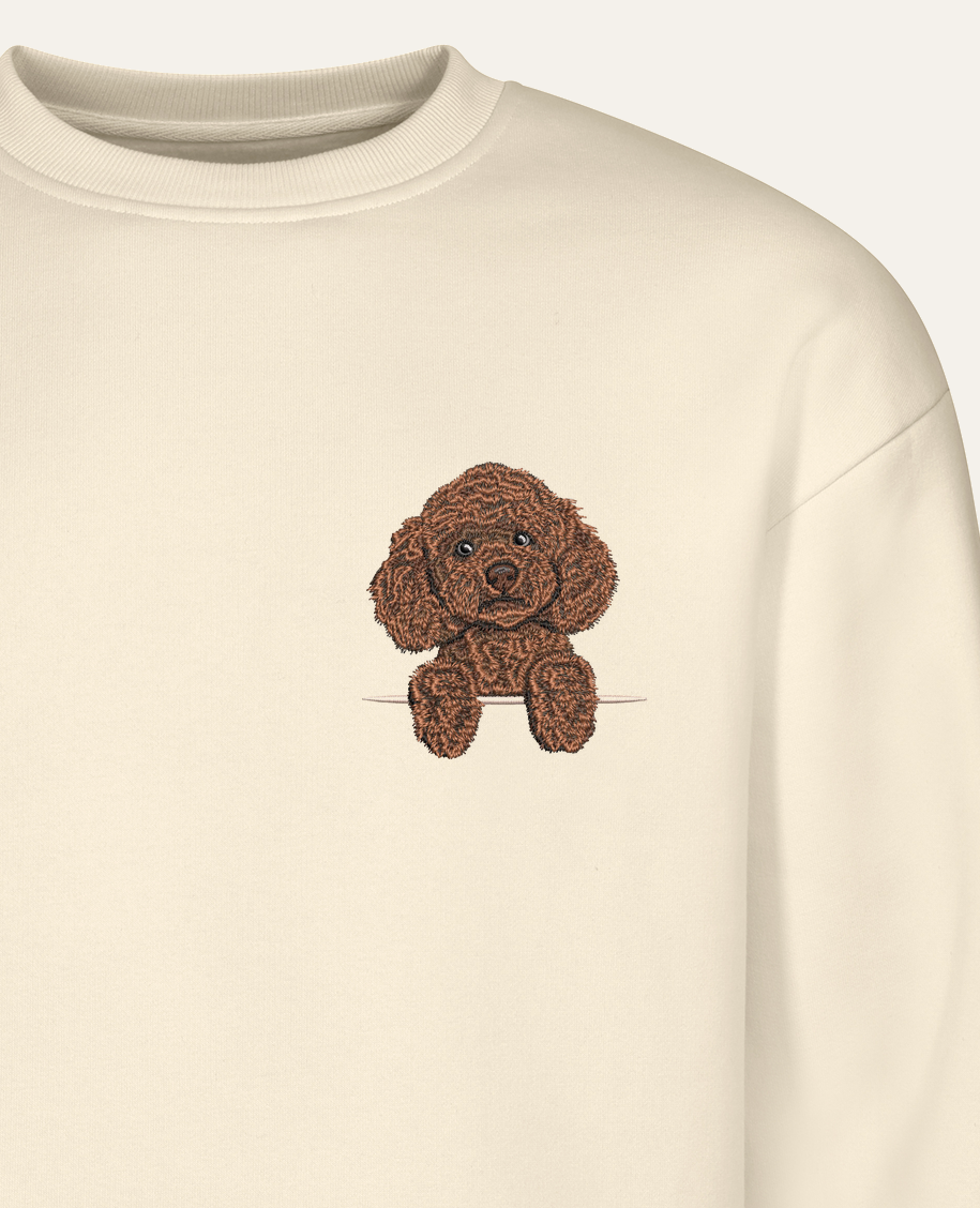 Pudel toy (brązowy) – bluza z haftem, piaskowa (zbliżenie)