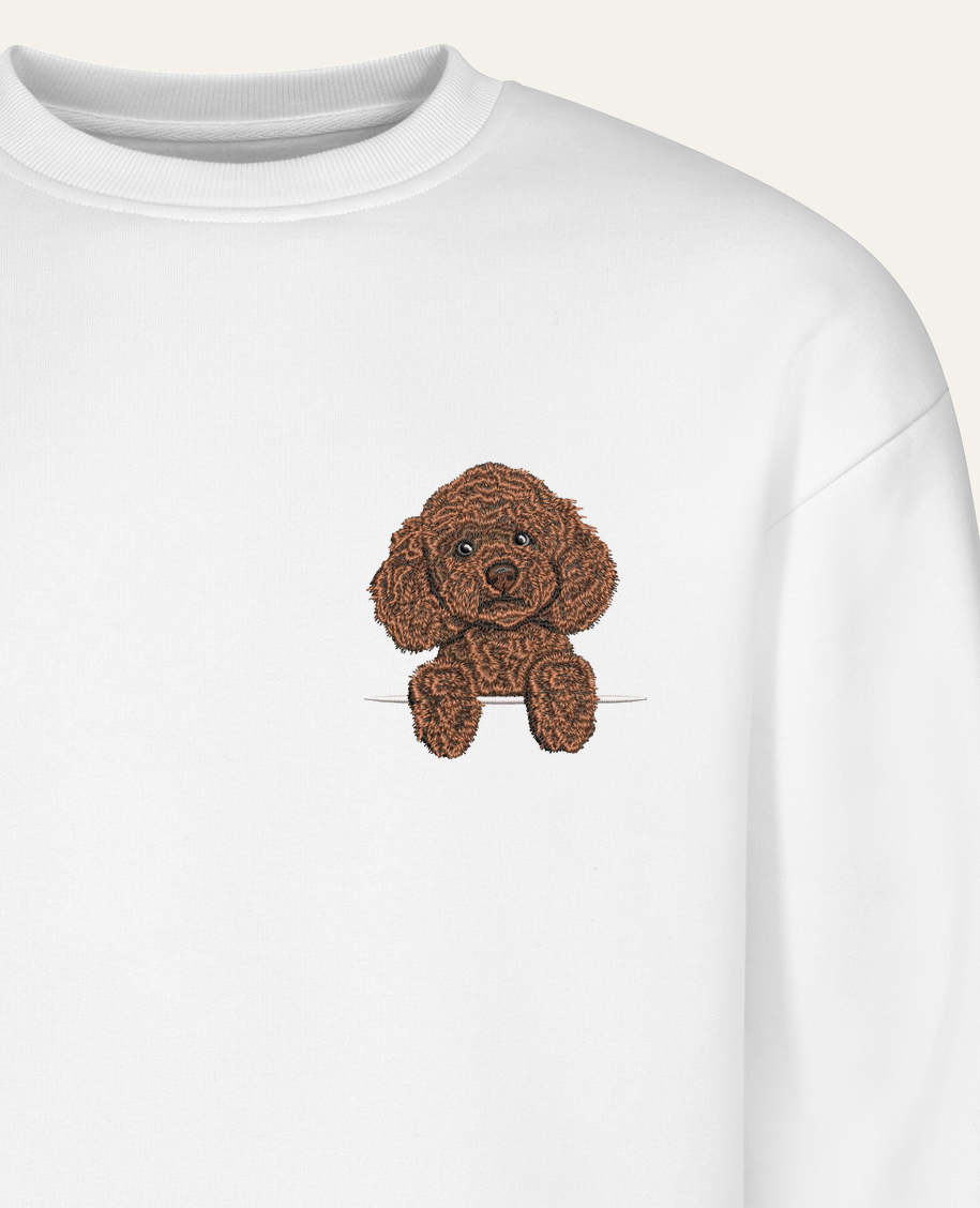 Pudel toy (brązowy) – bluza z haftem, biała (zbliżenie)