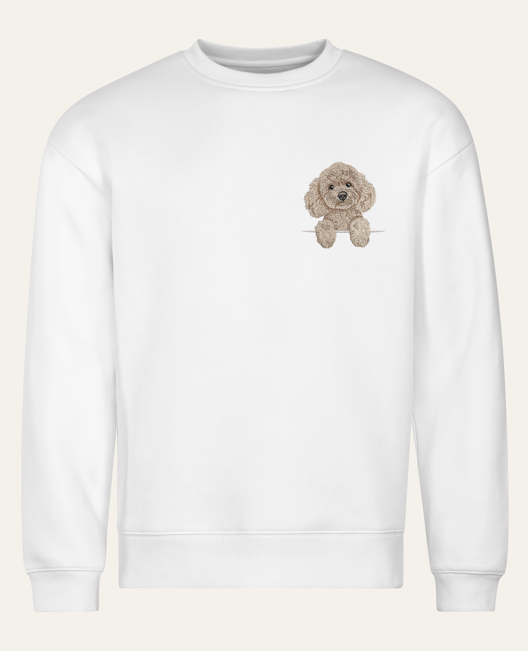 Pudel toy (beżowy) – bluza z haftem, biała (cała sylwetka)