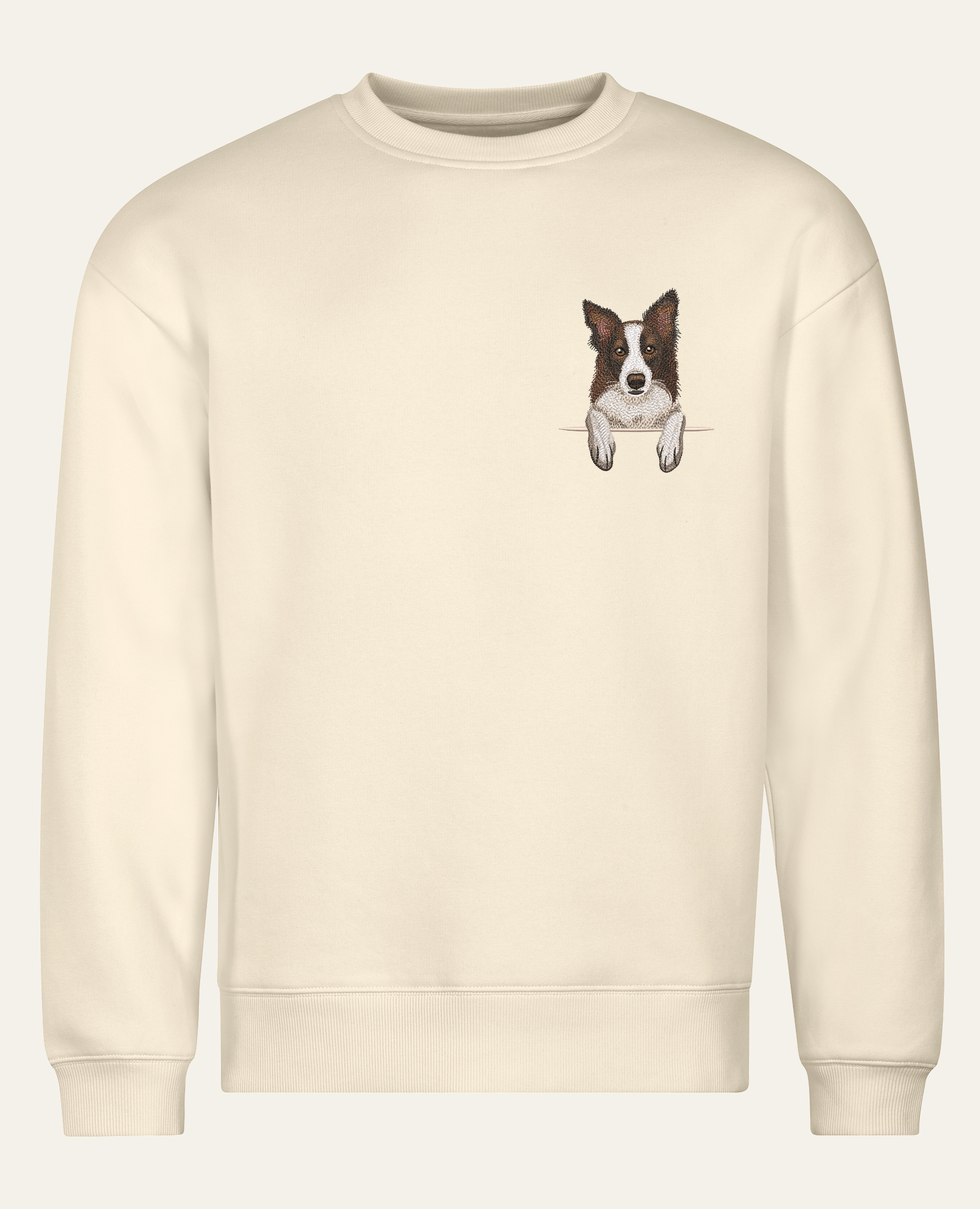 Border collie (brązowy) – bluza z haftem, piaskowa (cała sylwetka)
