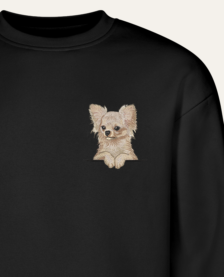 Chihuahua długowłosa (biały) – bluza z haftem, czarna (zbliżenie)