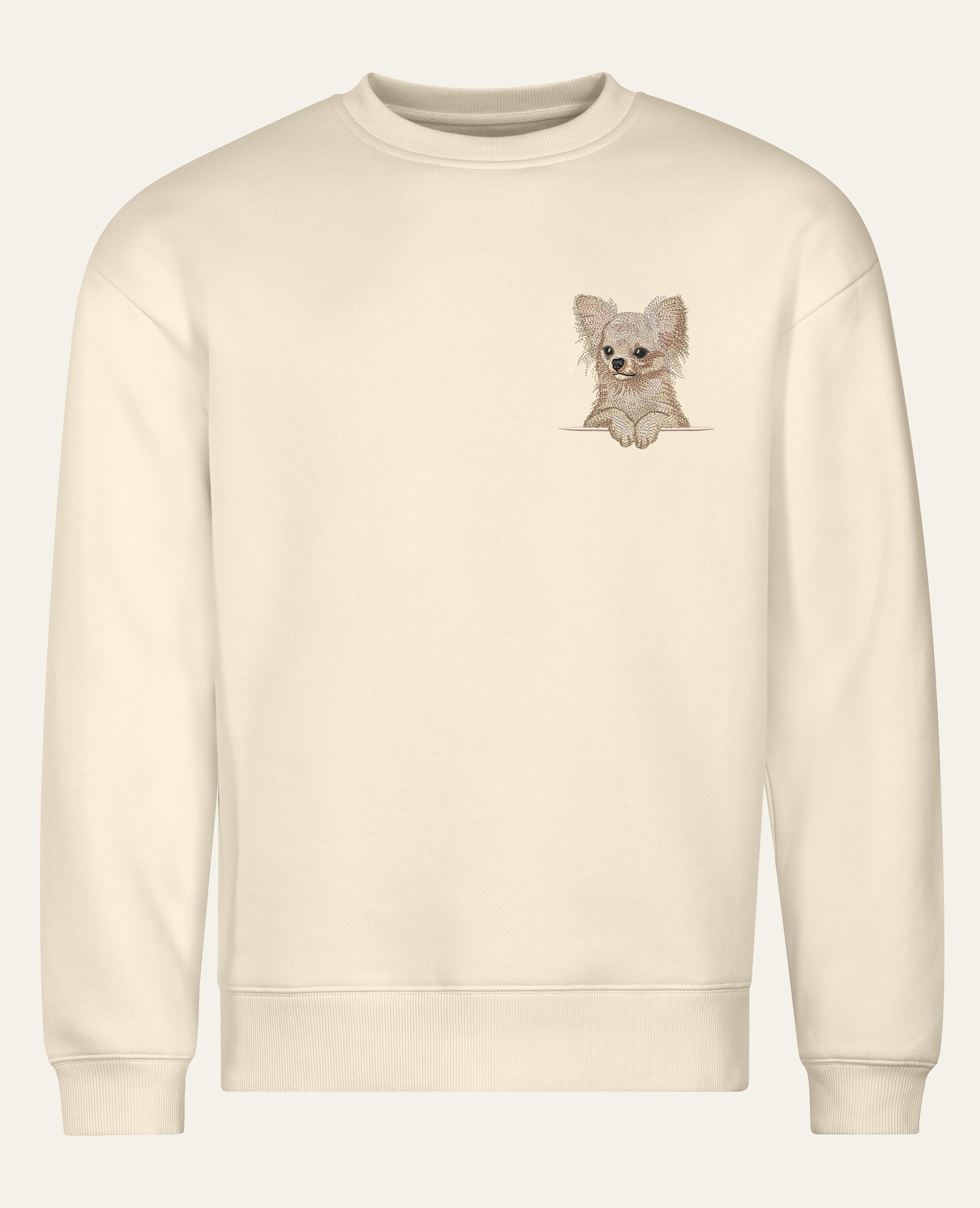Chihuahua długowłosa (biały) – bluza z haftem, piaskowa (cała sylwetka)