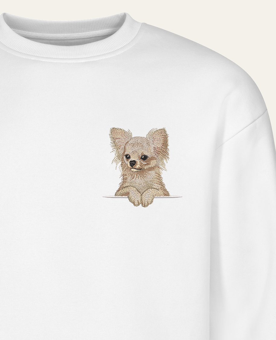 Chihuahua długowłosa (biały) – bluza z haftem, biała (zbliżenie)