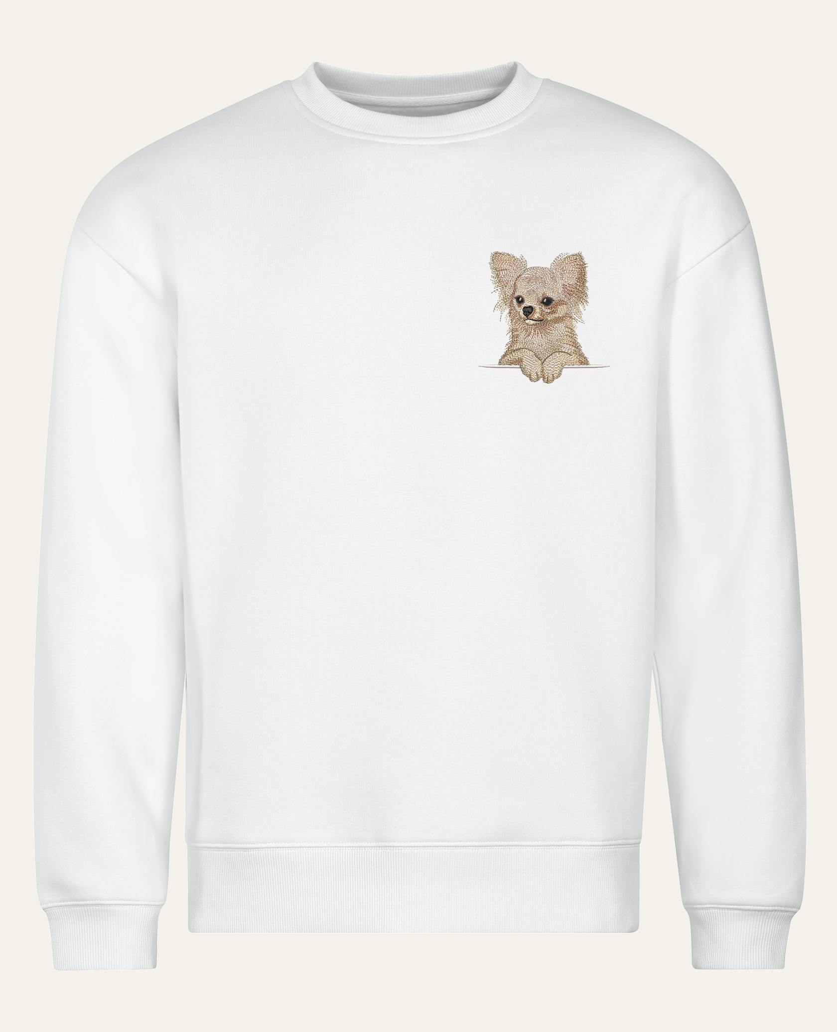 Chihuahua długowłosa (biały) – bluza z haftem, biała (cała sylwetka)