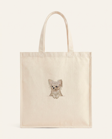 Chihuahua długowłosa (biały) – torba z haftem, piaskowa