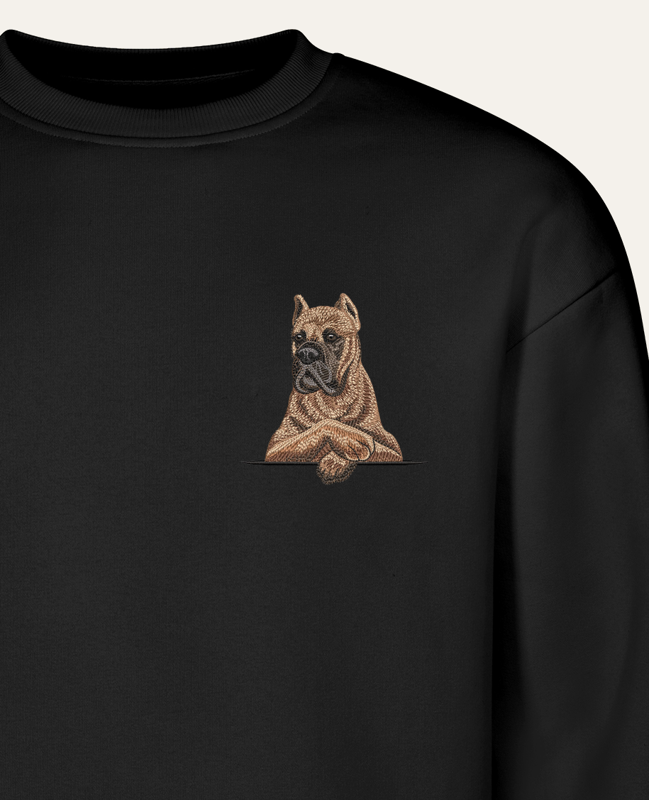 Cane Corso Italiano (brązowy) – bluza z haftem, czarna (zbliżenie)