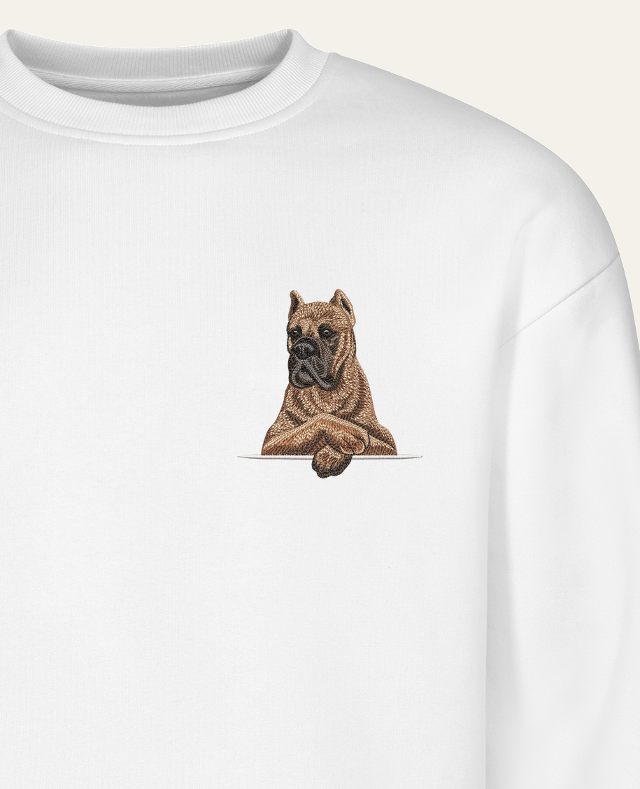 Cane Corso Italiano (brązowy) – bluza z haftem, biała (zbliżenie)