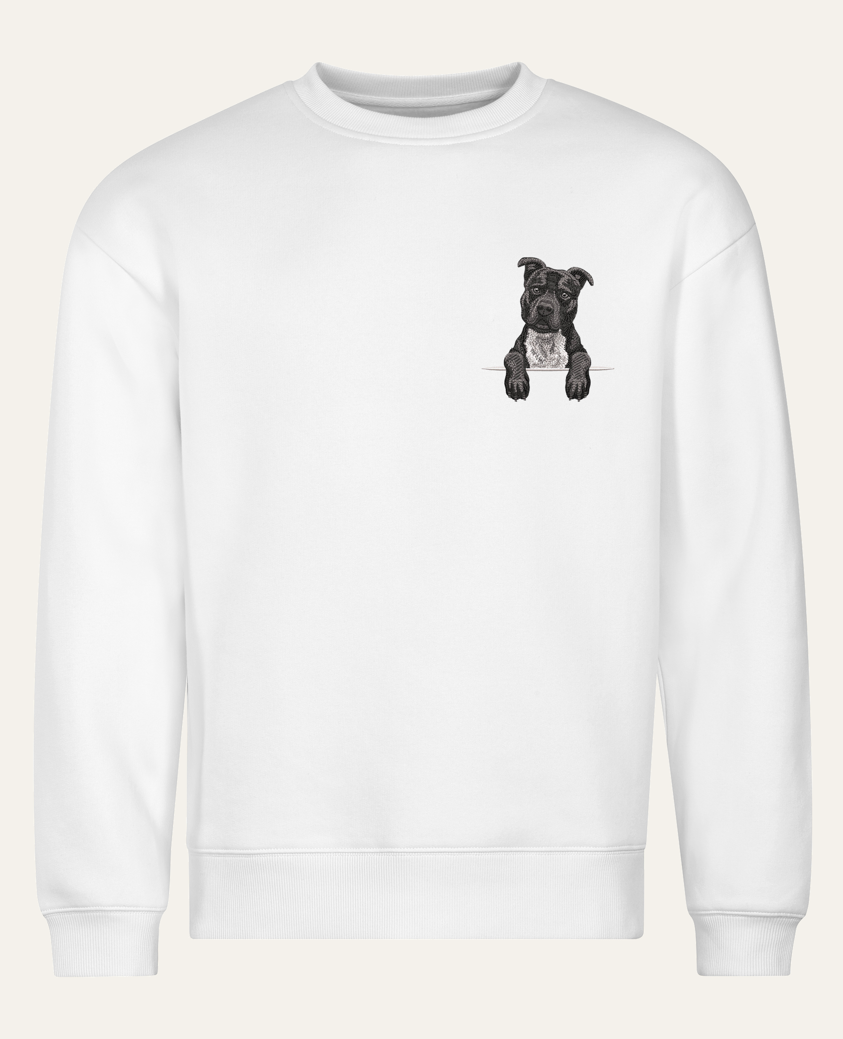 Staffordshire terrier (niekopiowany) (czarny) – bluza z haftem, biała (cała sylwetka)