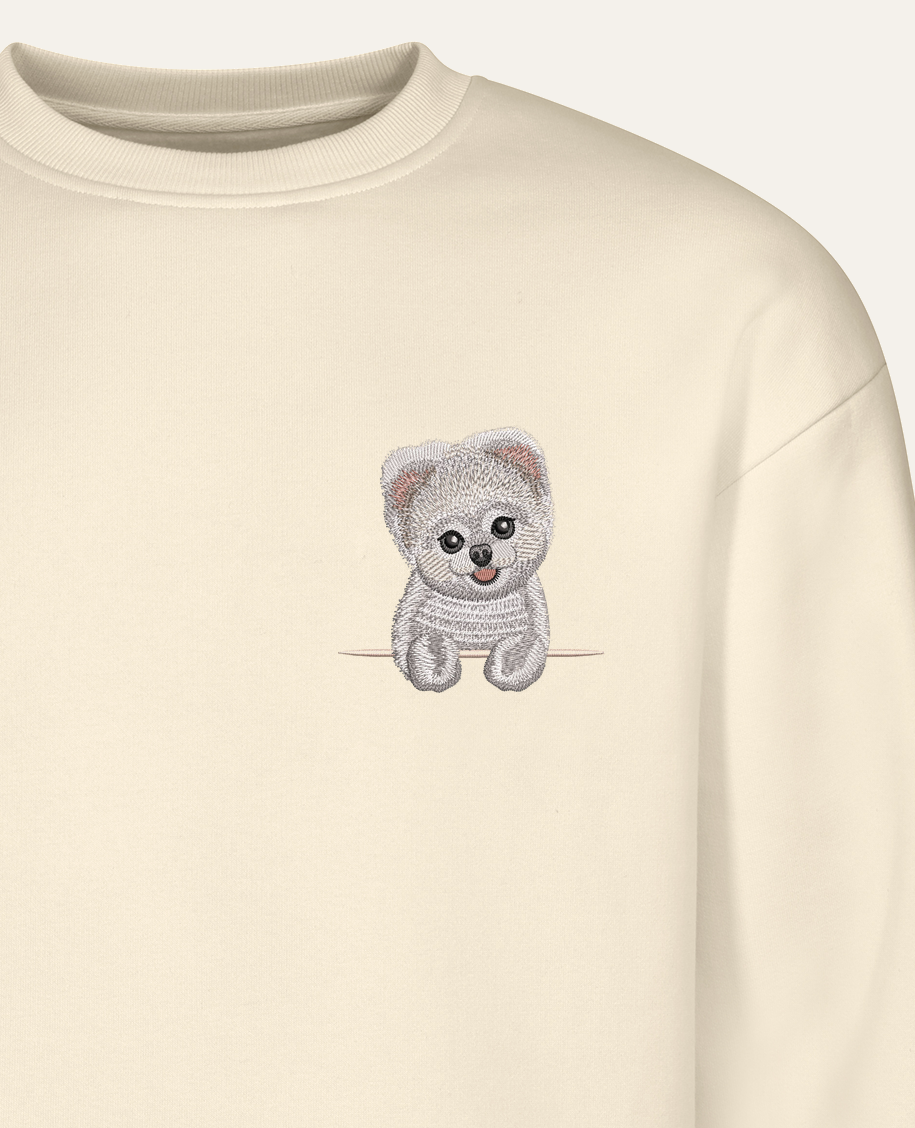 Szpic miniaturowy (Pomeranian, strzyżony) (biały) – bluza z haftem, piaskowa (zbliżenie)
