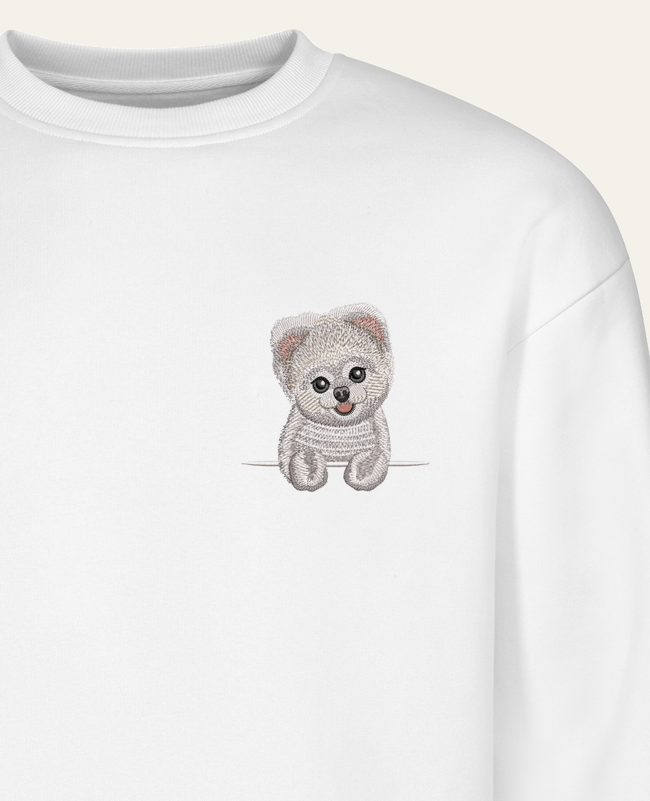 Szpic miniaturowy (Pomeranian, strzyżony) (biały) – bluza z haftem, biała (zbliżenie)