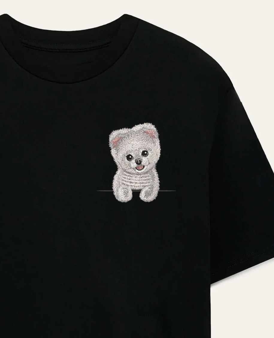 Szpic miniaturowy pomeranian strzyżony (biały) – koszulka z haftem