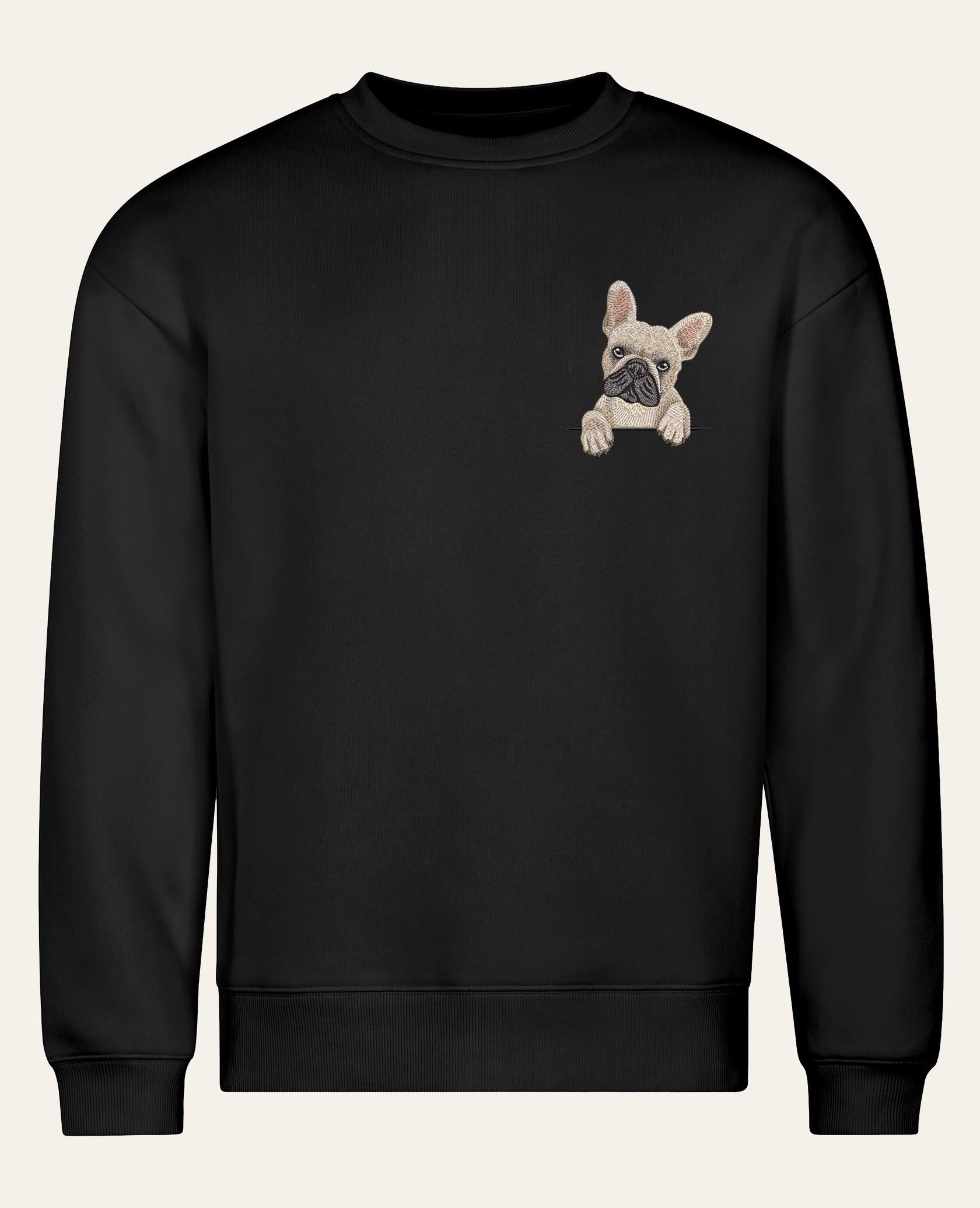 Buldog francuski (beżowy) – bluza z haftem, czarna (cała sylwetka)