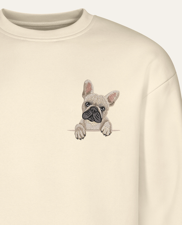 Buldog francuski (beżowy) – bluza z haftem, piaskowa (zbliżenie)