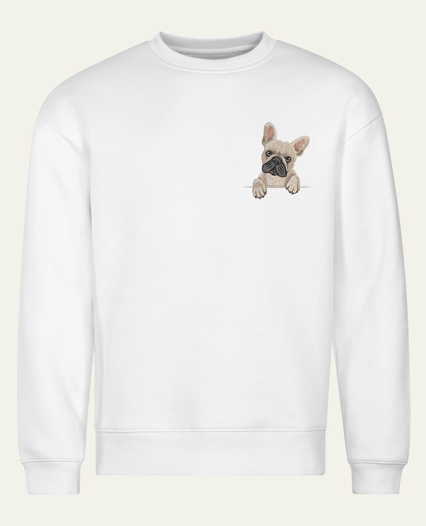 Buldog francuski (beżowy) – bluza z haftem, biała (cała sylwetka)