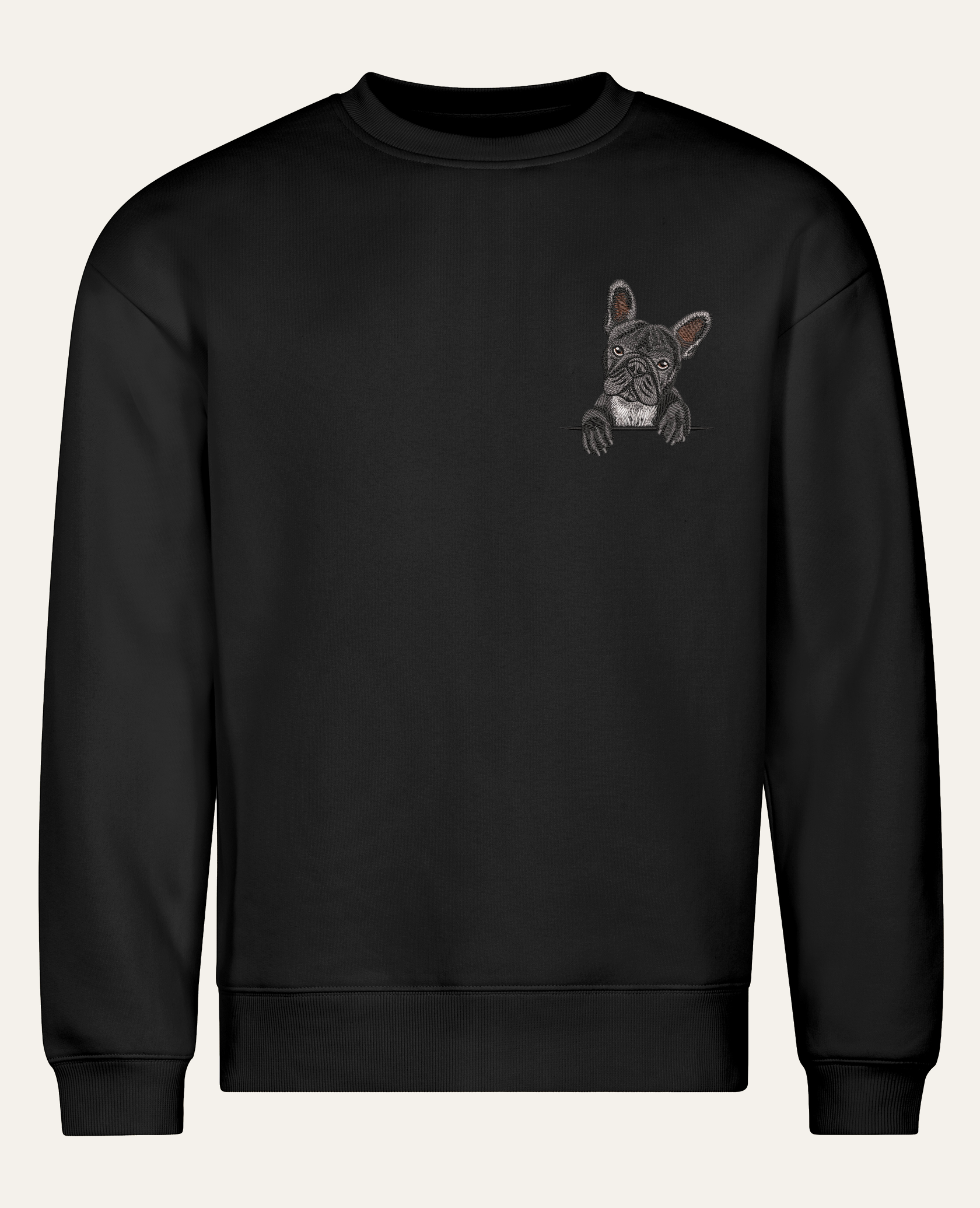 Buldog francuski (czarny) – bluza z haftem, czarna (cała sylwetka)