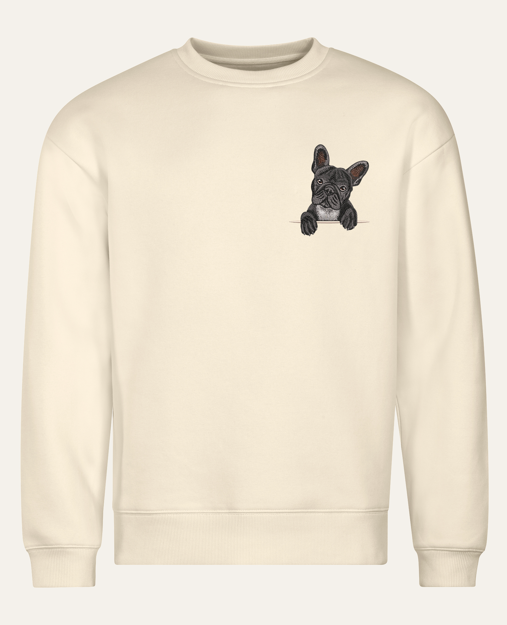Buldog francuski (czarny) – bluza z haftem, piaskowa (cała sylwetka)