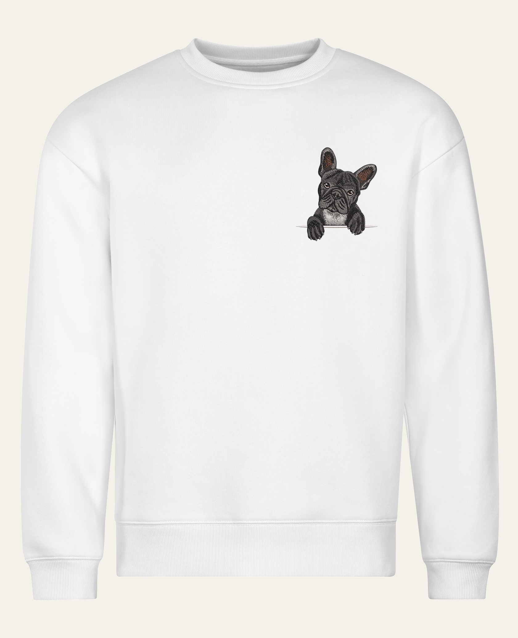 Buldog francuski (czarny) – bluza z haftem, biała (cała sylwetka)