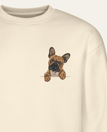 Buldog francuski (brązowy) – bluza z haftem, piaskowa (zbliżenie)