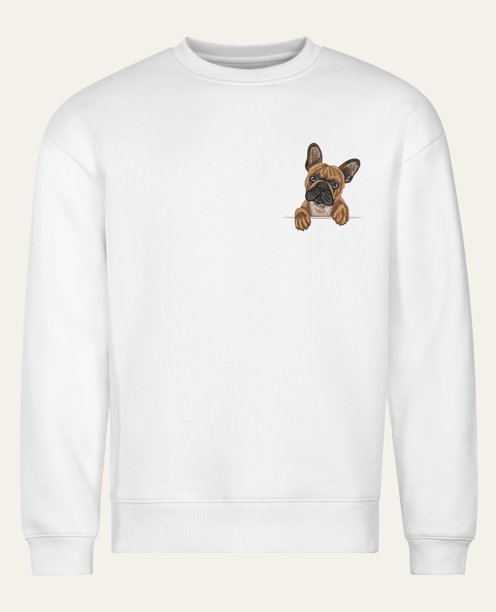 Buldog francuski (brązowy) – bluza z haftem, biała (cała sylwetka)