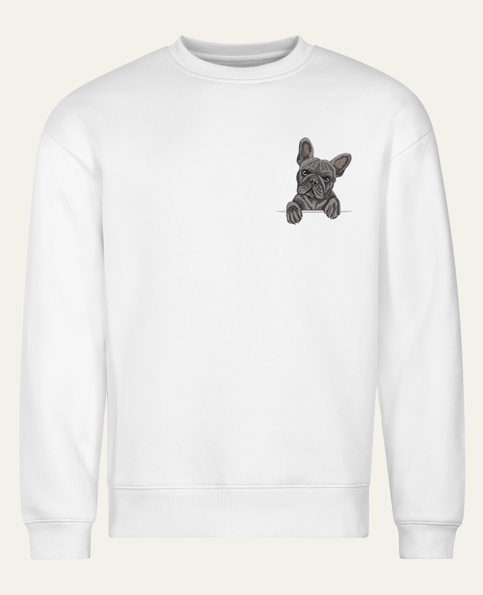 Buldog francuski (szary) – bluza z haftem, biała (cała sylwetka)