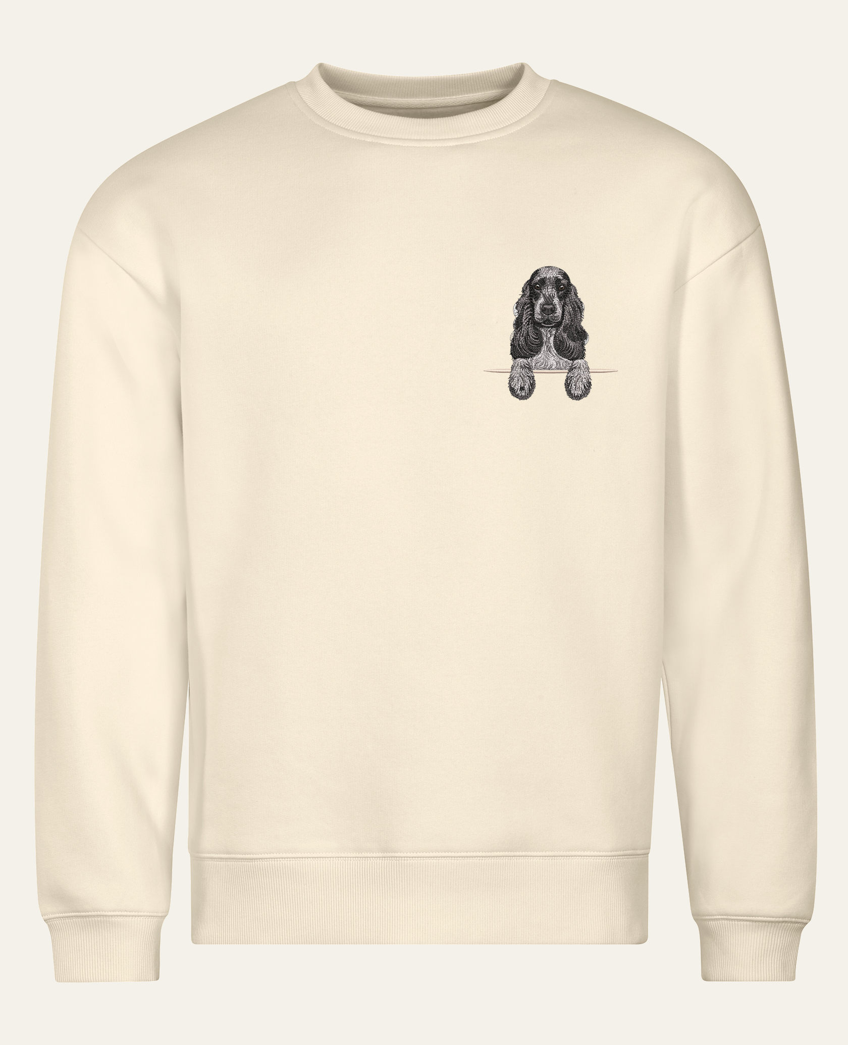 Cocker spaniel angielski (czarno-biały) – bluza z haftem, piaskowa (cała sylwetka)