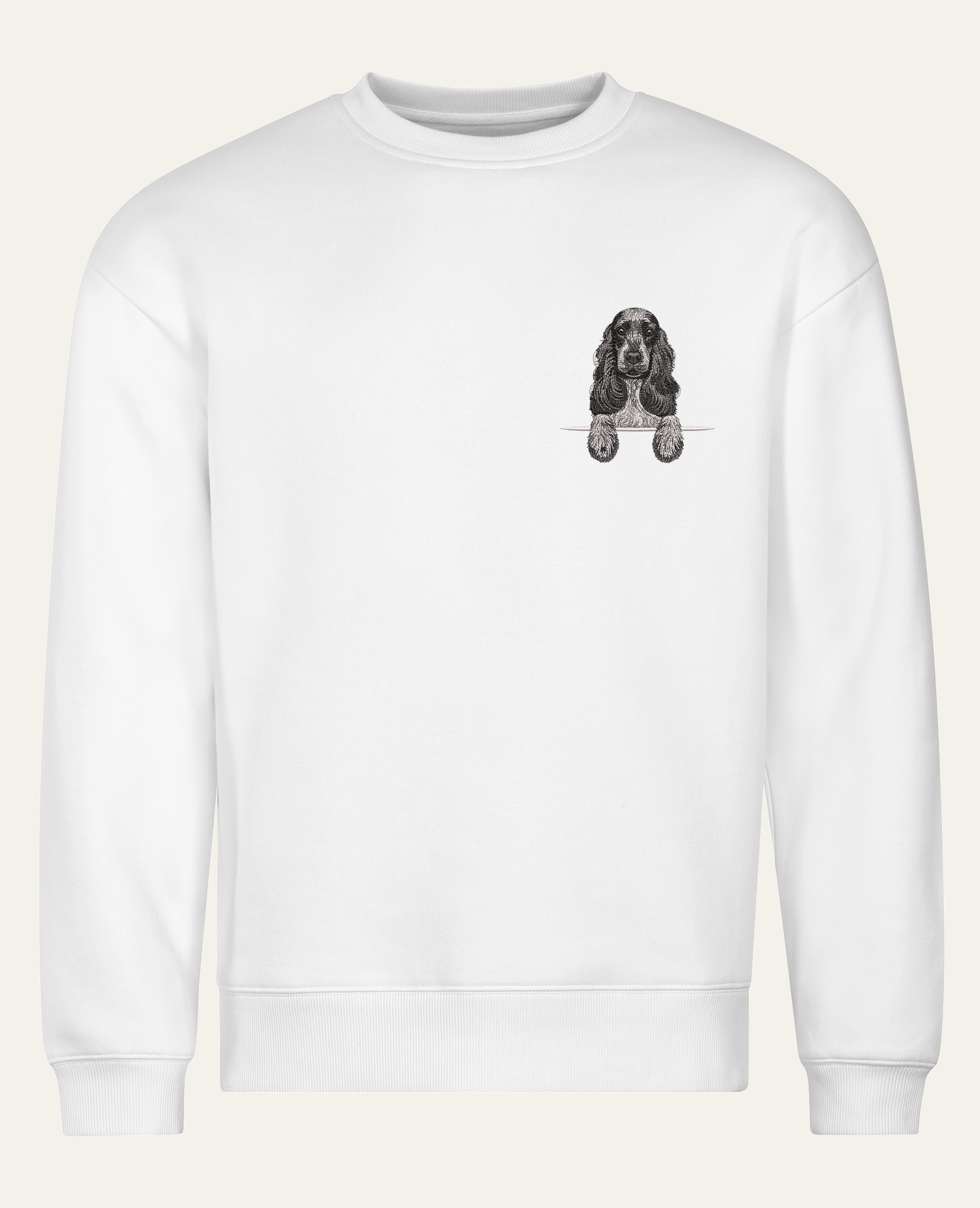 Cocker spaniel angielski (czarno-biały) – bluza z haftem, biała (cała sylwetka)