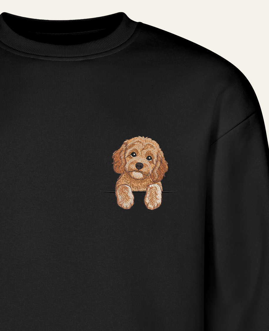 Cavapoo (morelowy) – bluza z haftem, czarna (zbliżenie)
