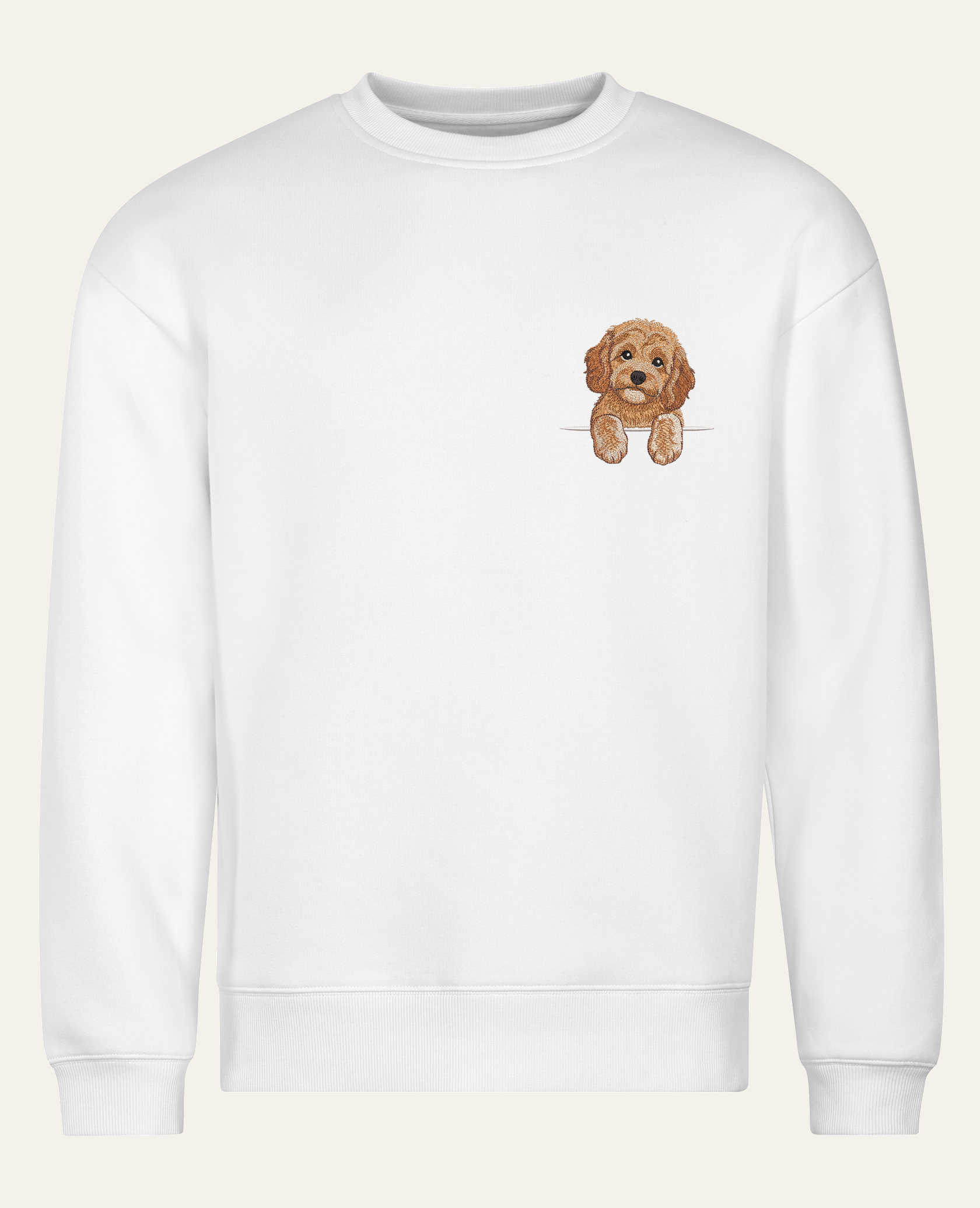 Cavapoo (morelowy) – bluza z haftem, biała (cała sylwetka)