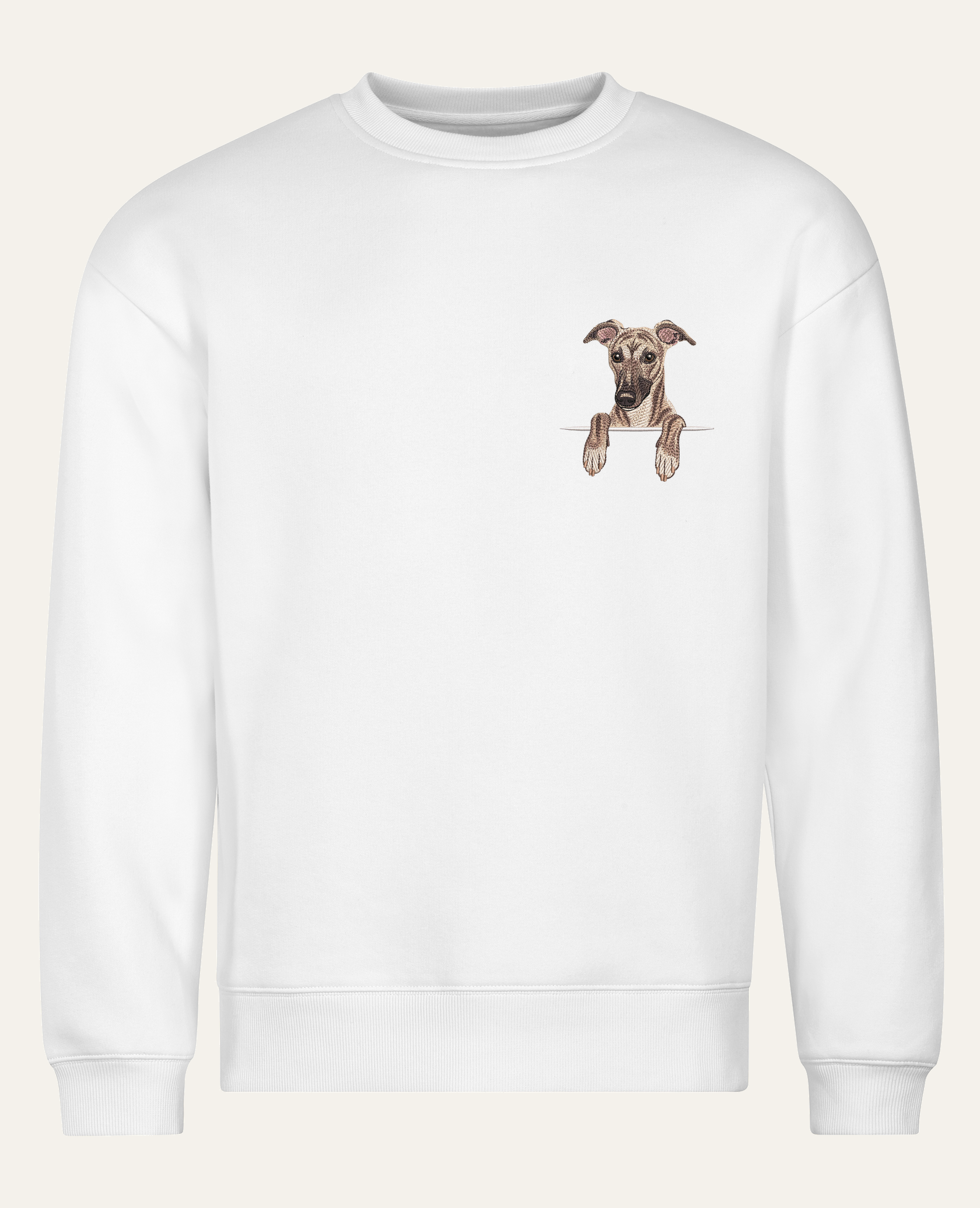 Whippet (pręgowany) – bluza z haftem, biała (cała sylwetka)