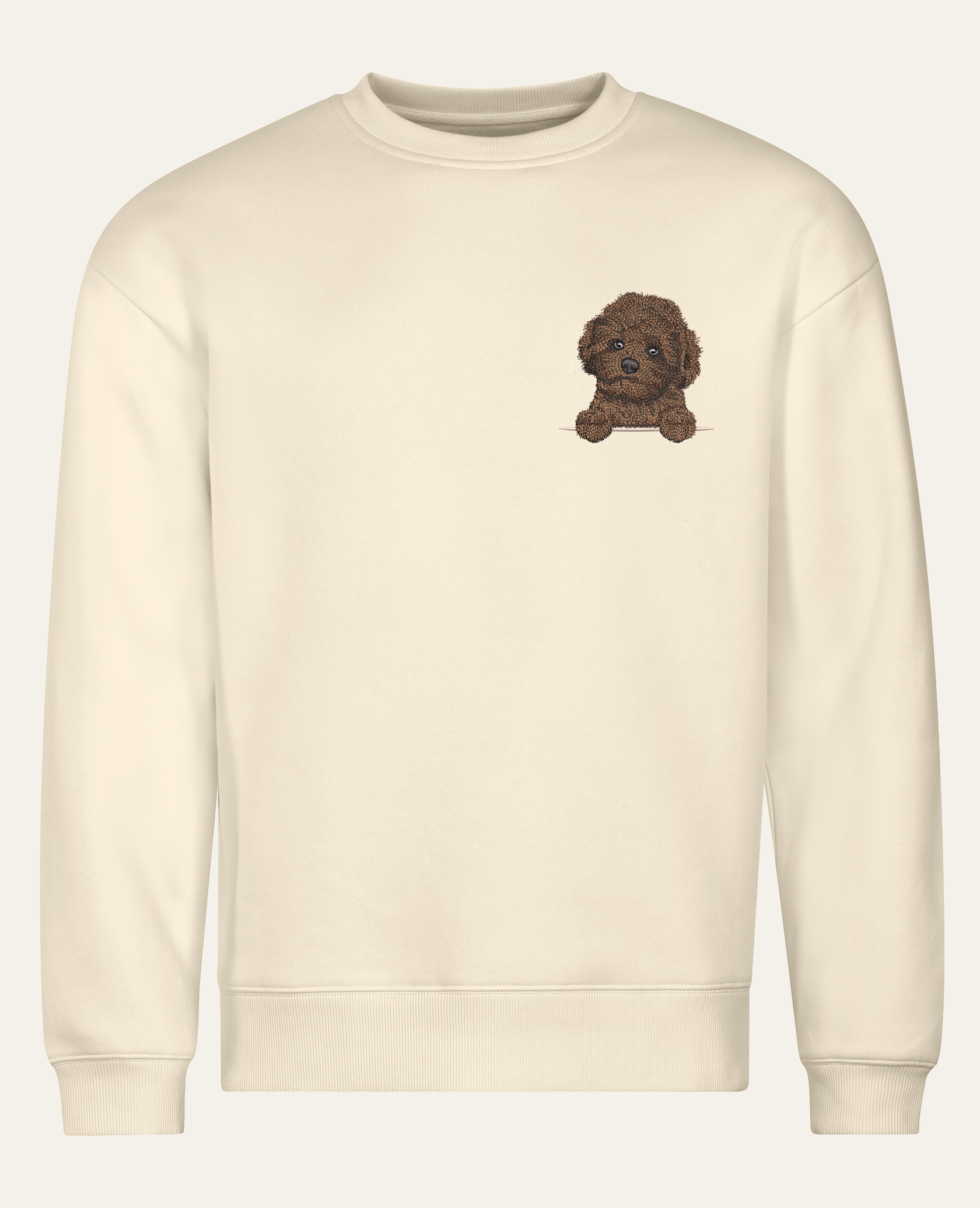 Maltipoo mini (czekoladowy) – bluza z haftem, piaskowa (cała sylwetka)