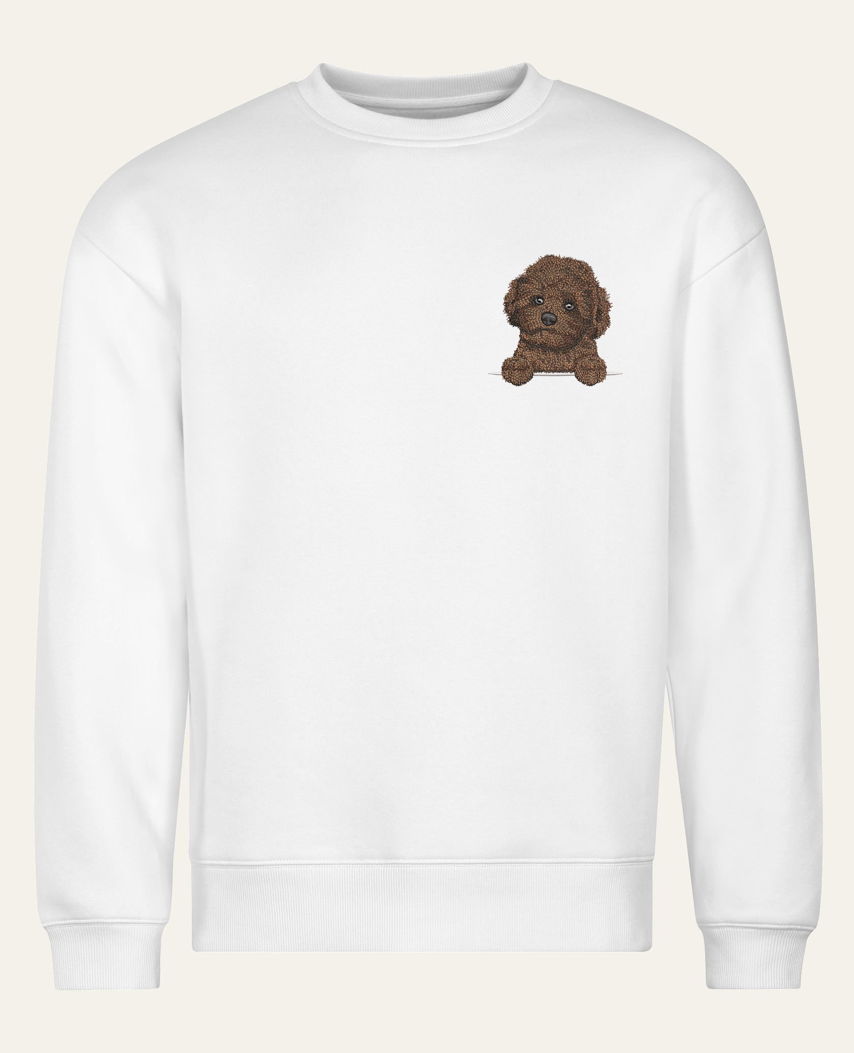 Maltipoo mini (czekoladowy) – bluza z haftem, biała (cała sylwetka)