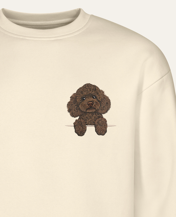 Pudel toy (czekoladowy) – bluza z haftem, piaskowa (zbliżenie)