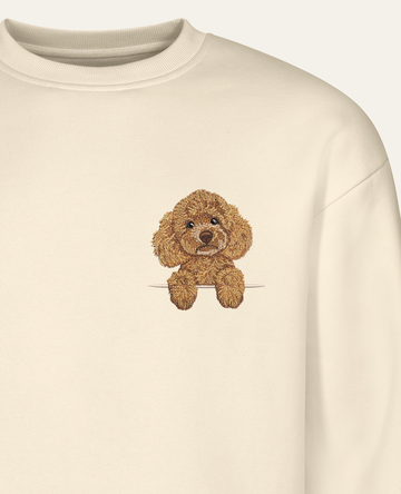 Pudel toy (morelowy) – bluza z haftem, piaskowa (zbliżenie)