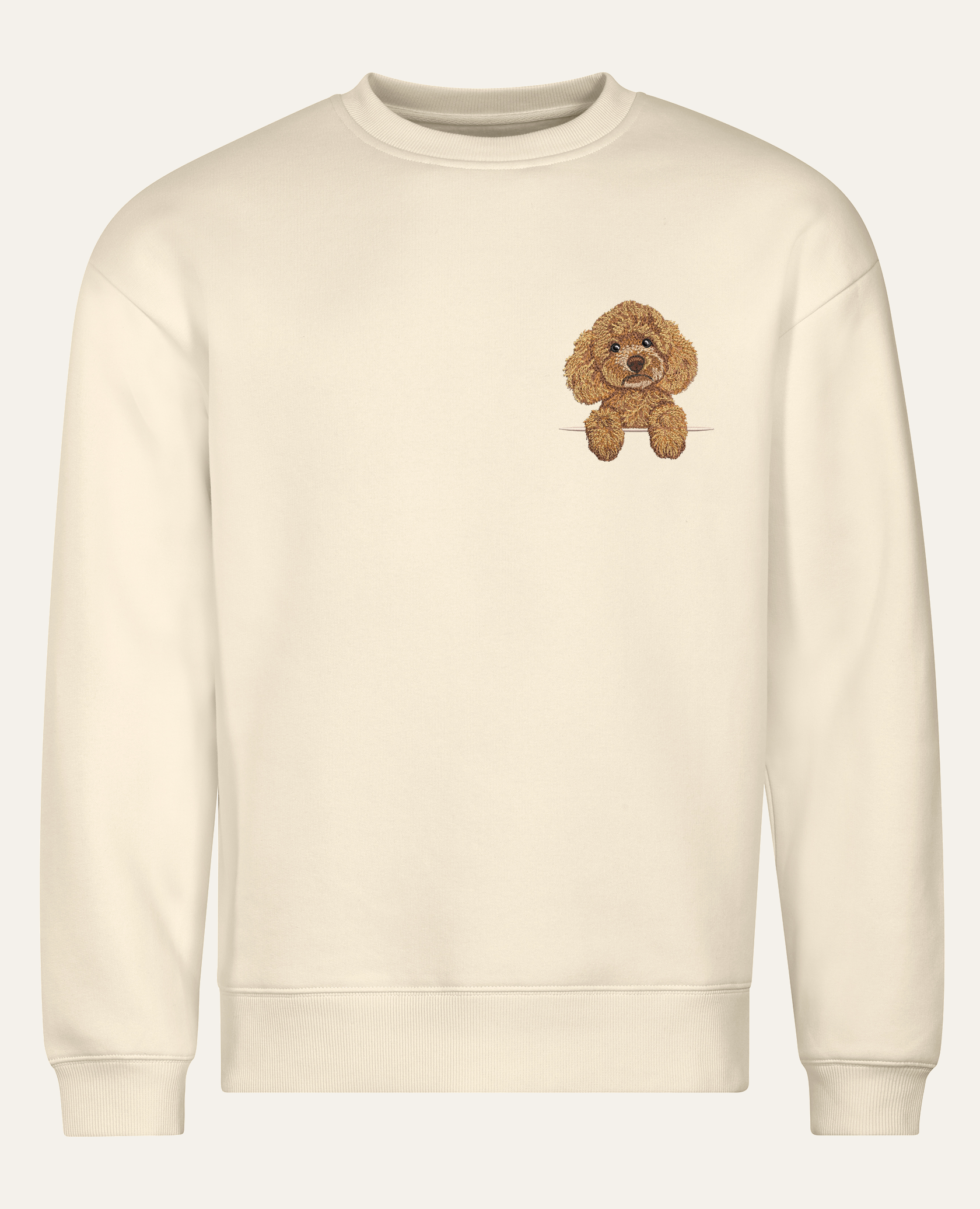 Pudel toy (morelowy) – bluza z haftem, piaskowa (cała sylwetka)