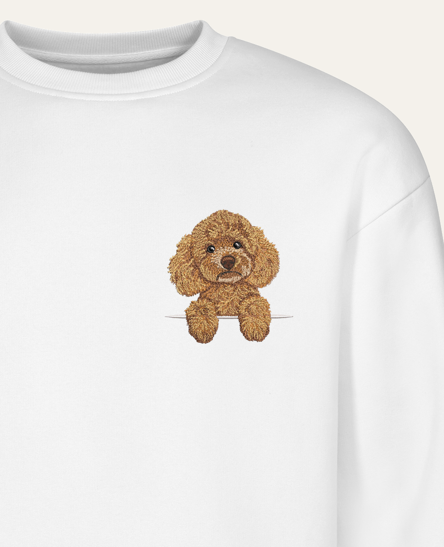 Pudel toy (morelowy) – bluza z haftem, biała (zbliżenie)