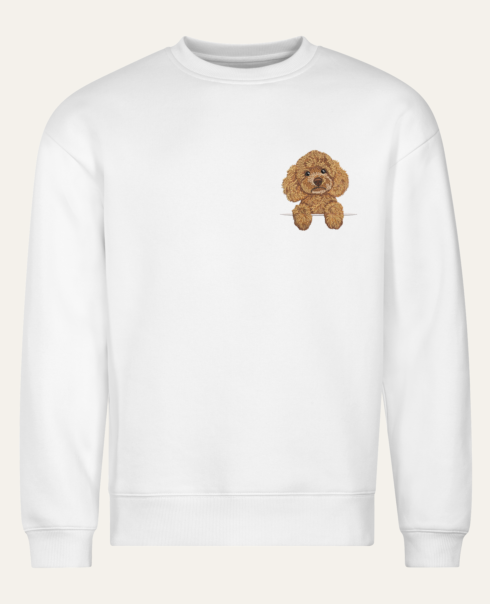Pudel toy (morelowy) – bluza z haftem, biała (cała sylwetka)