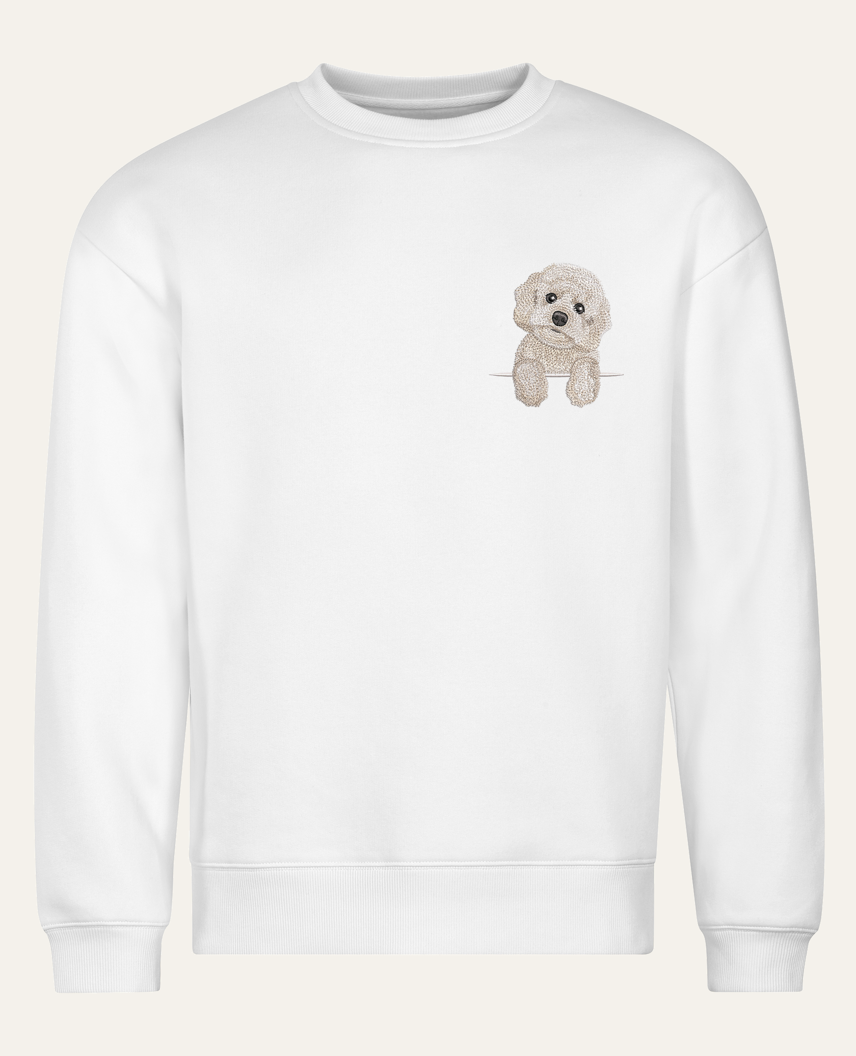 Maltipoo (biały) – bluza z haftem, biała (cała sylwetka)