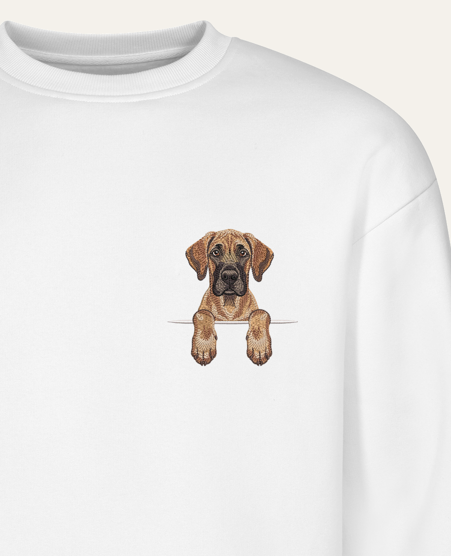 Dog niemiecki (płowy) – bluza z haftem, biała (zbliżenie)