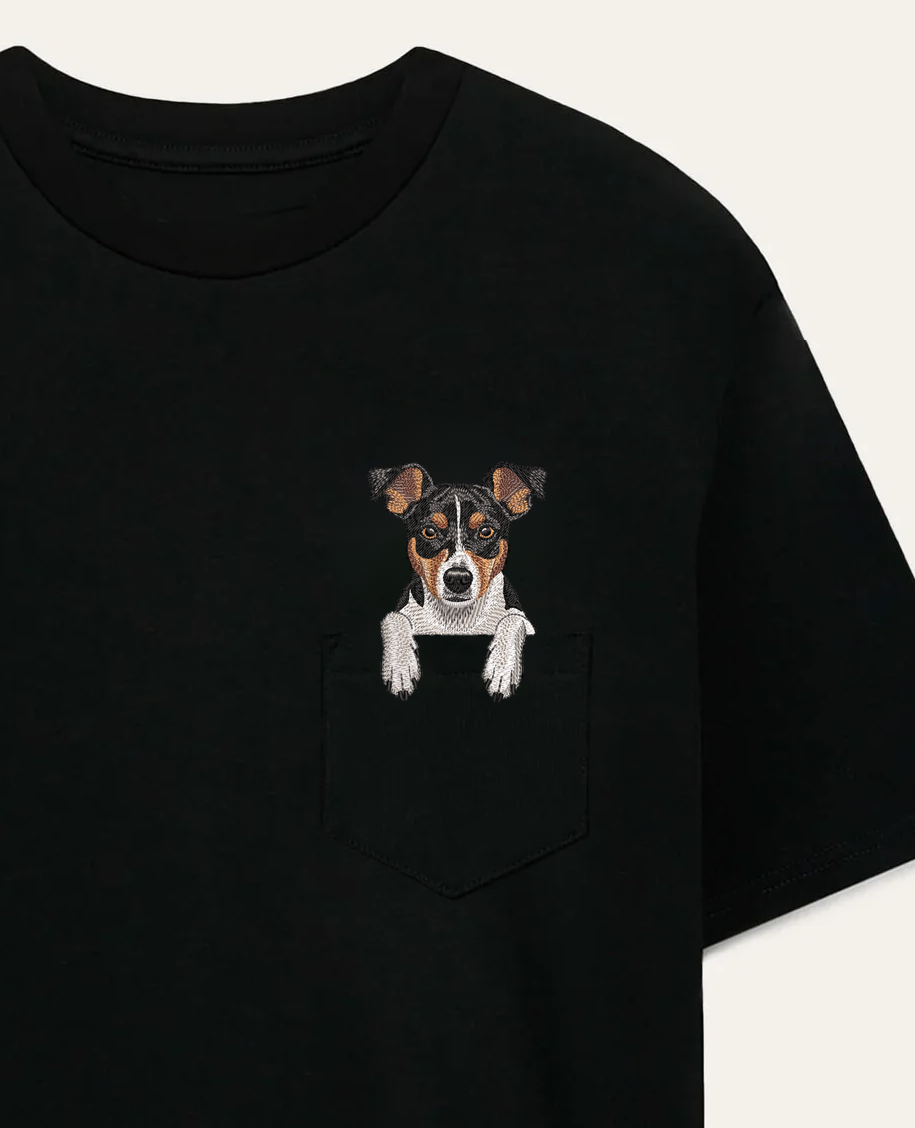 Koszulka z haftem Rat terrier (trikolor) – czarna