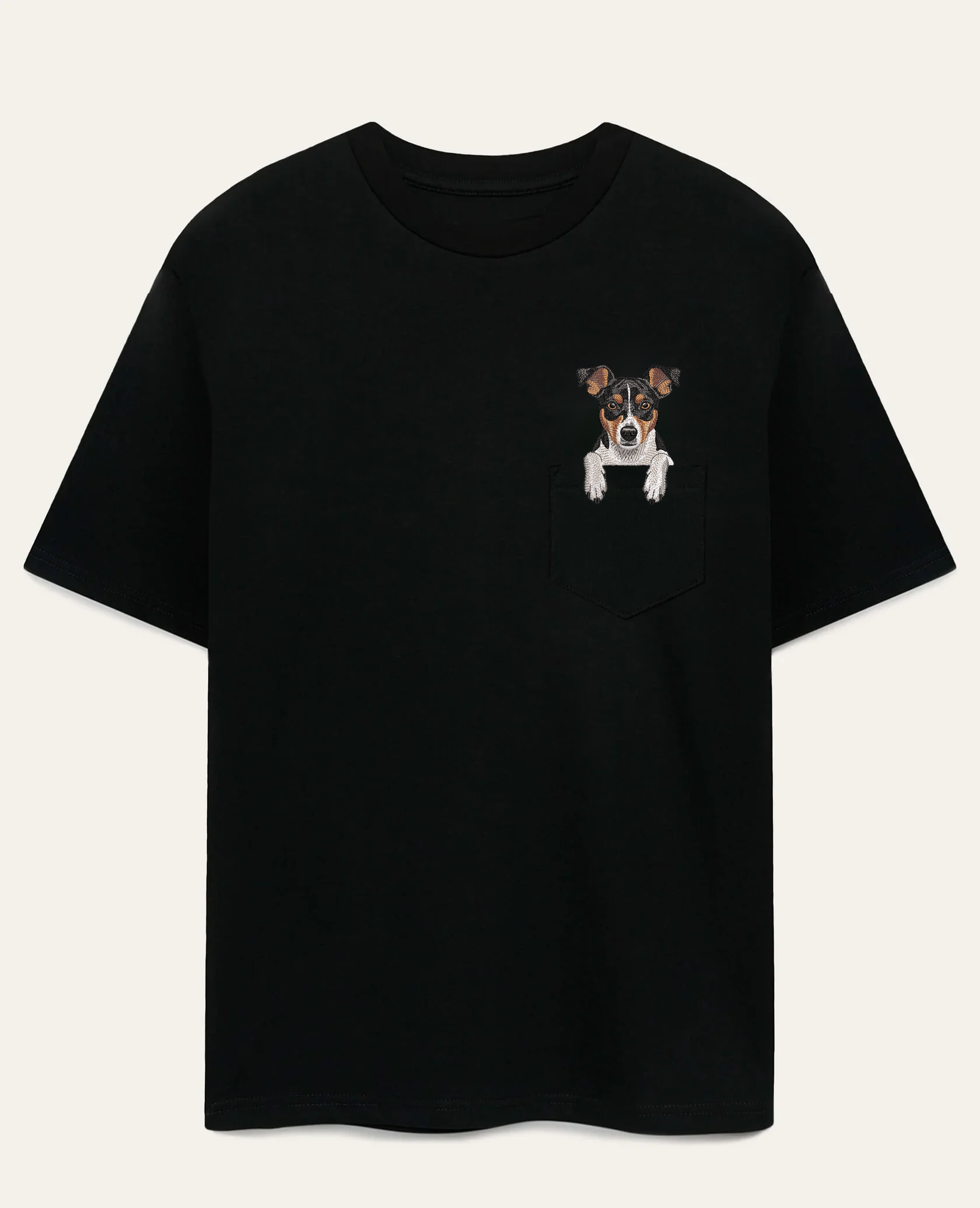 Koszulka z haftem Rat terrier (trikolor) – czarna, cała