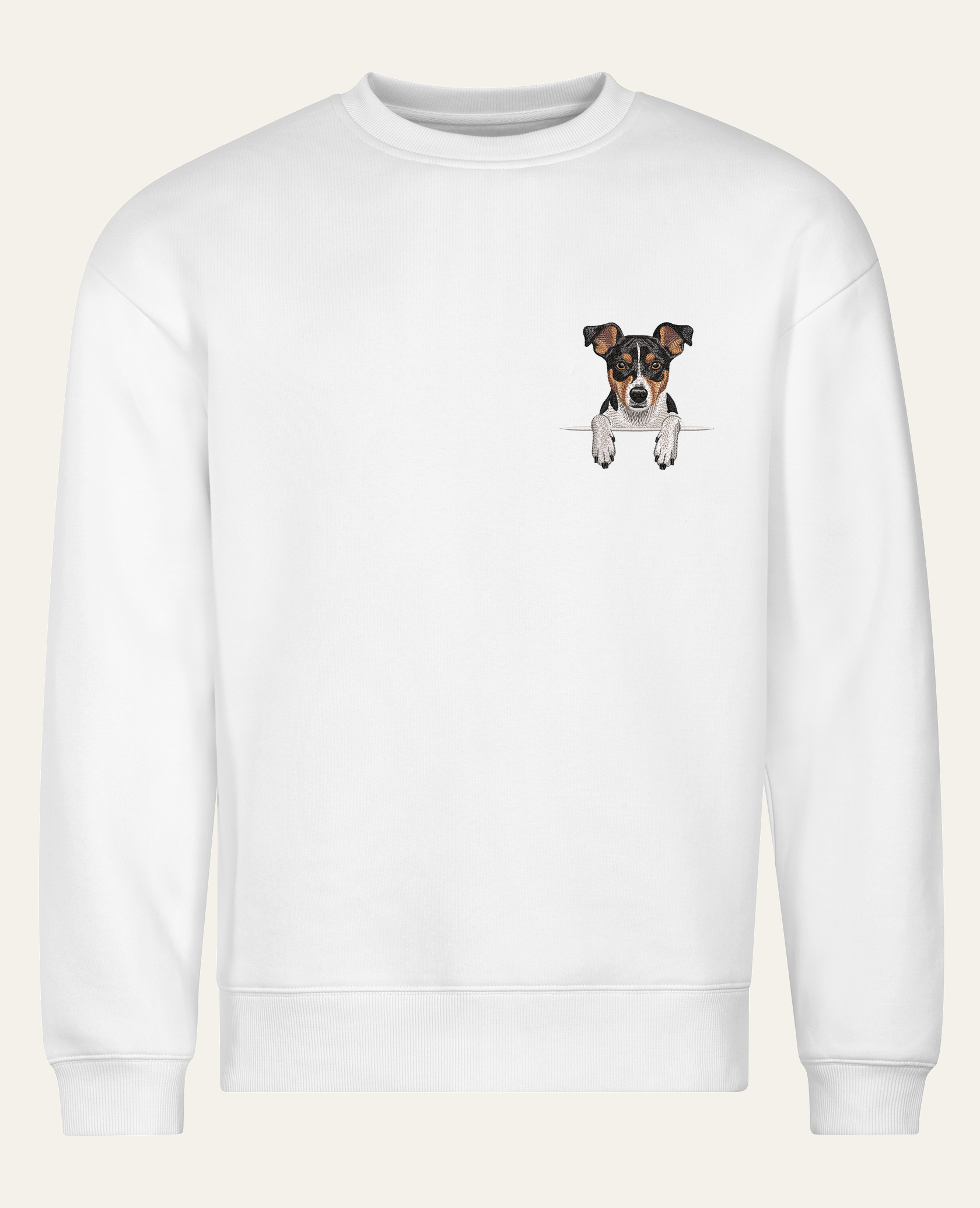 Rat terrier (trikolor) – bluza z haftem, biała (cała sylwetka)